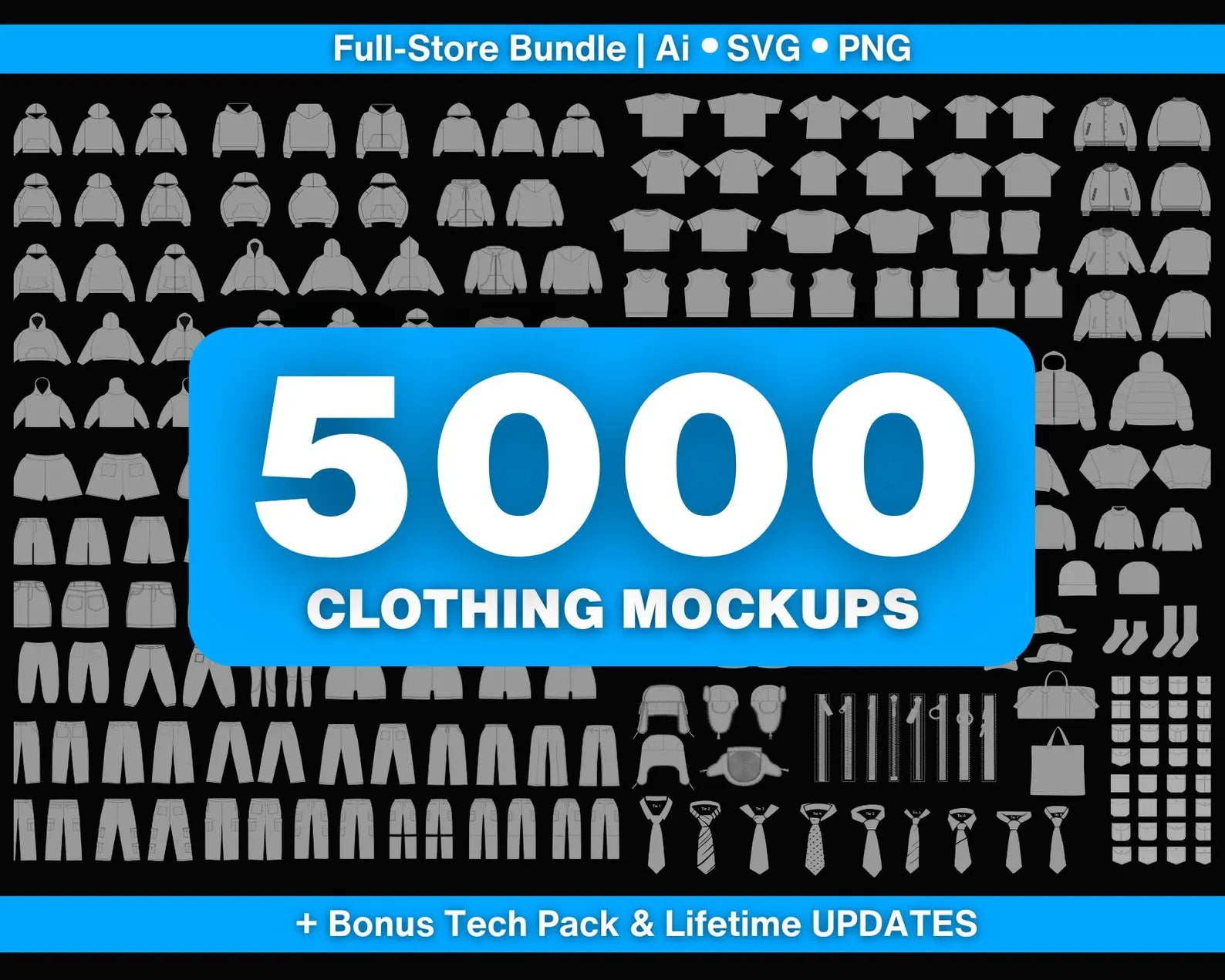 5000 Clothing Mockups Mega Bundle | Vector Templates, Free Tech Pack & Procreate Brushes