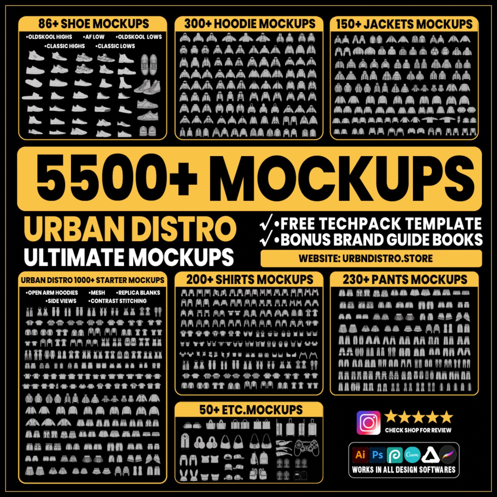 💣🕸️🦇5500+ Streetwear Clothing Mockups & Tech Pack Vector Templates Bundle | Fashion Brand Design | Illustrator Photoshop Procreate AI PNG SVG 🪄